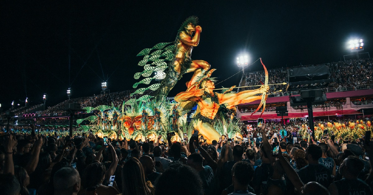 Rio Carnival parade float seen from a Camarote at the Sambadrome